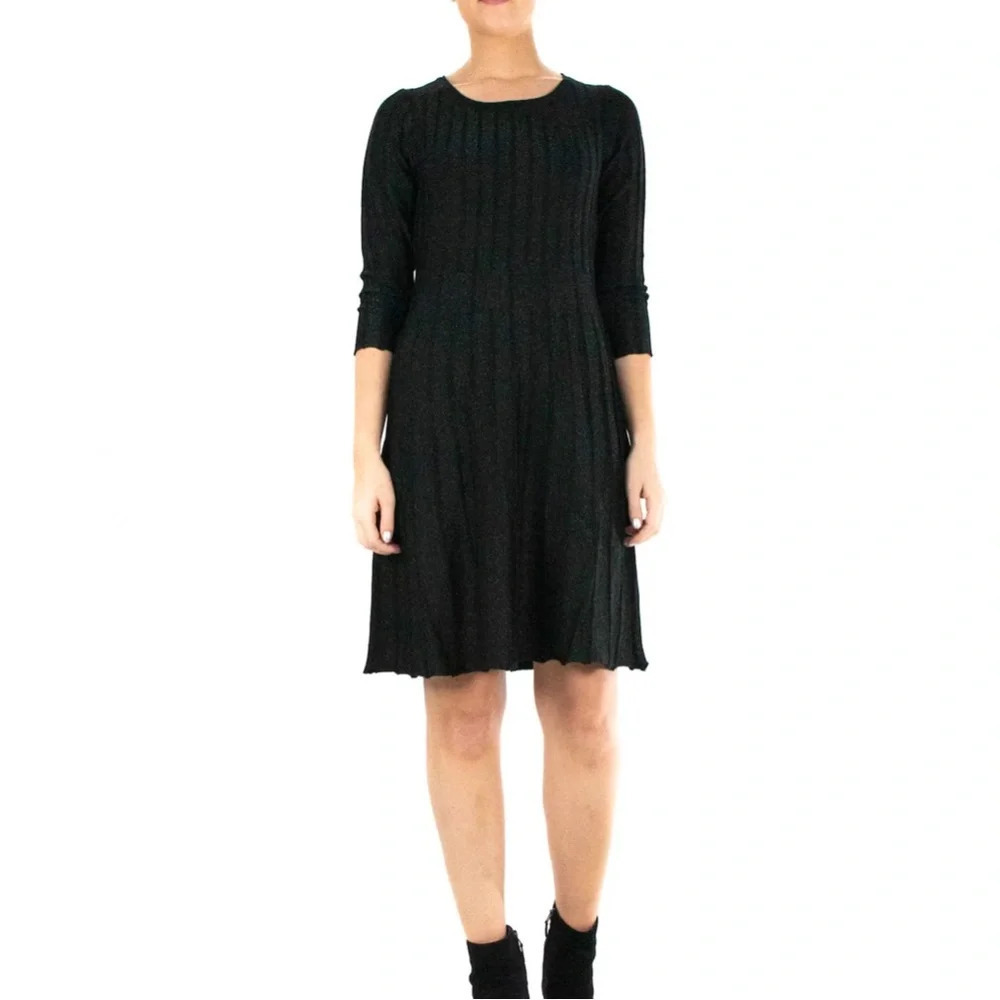 Nina Leonard Ribbed Green Metallic Sweater Dress